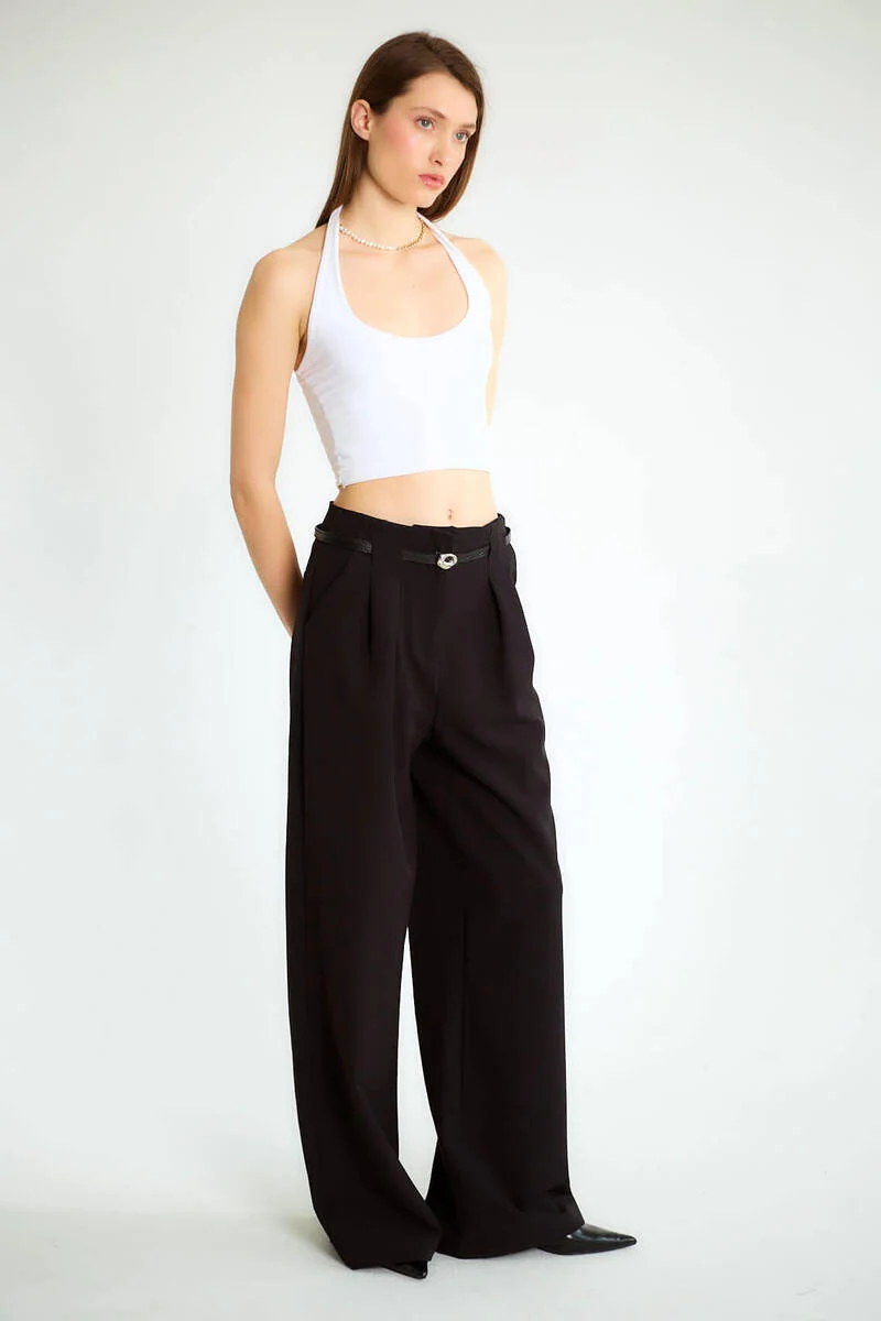 KEMERLİ BOL PAÇA KUMAŞ PANTOLON KAHVERENGİ