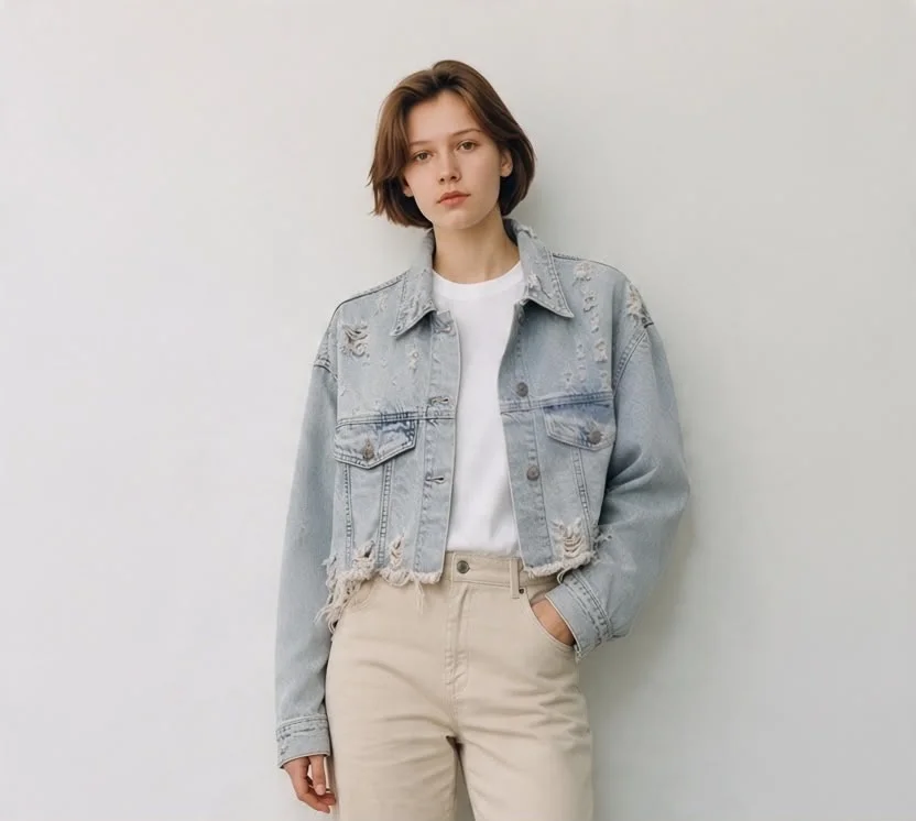 CROP FİT LAZER DETAYLI DENİM CEKET